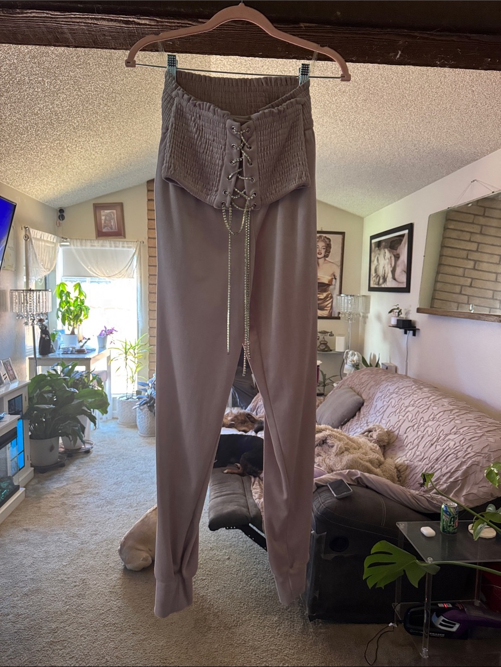 High-Waist Lace-Up Knit Corset Joggers - Taupe
